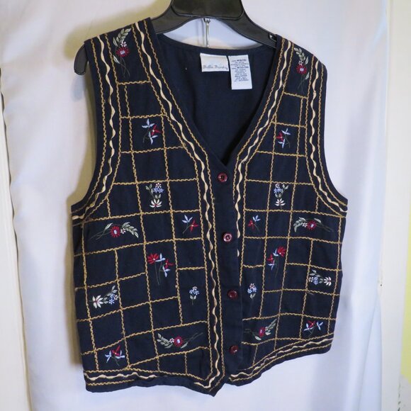 Vintage Bobbie Brooks Embroidered Floral Vest - Navy Blue UNISEX - Picture 1 of 9